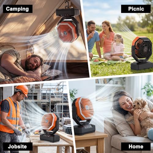 Camping Fan with LED Light, 20000mAh Rechargeable Automatic Vibration Fans for Outdoor Camping Tent with Remote, 4 Speed USB Desk Fan for Fishing, Picnic