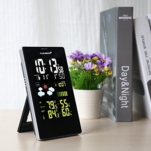 Floureon Weather Station Wireless Weather Forecaster - Indoor/Outdoor Temperature Alert & Humidity Monitor Daily Alarm - Large LCD Color Display - Calendar Time Clock(Dark Theme)