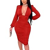 GOBLES Women's Sexy Deep V Neck Long Sleeve Ruched Bodycon Midi Party Dress