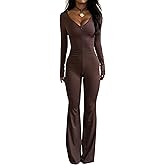 Sedrinuo Womens Long Sleeve V Neck Jumpsuits Zip Up Front Solid Flared Workout Full Gym Bodysuit One Piece Jumpsuit