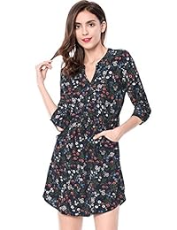 Allegra K Vestido vintage con estampado floral y cuello en V, mangas 3 4, bolsillos laterales, para mujer