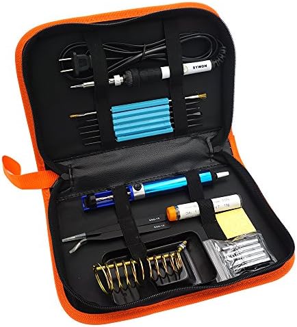 Sywon Full Set 60W 110V Electric Soldering Iron Kit, Adjustable Temperature, Iron Stand, 5pcs Tips, Desoldering Pump, 2pcs Tweezers, Tin Wire Tube and 6pcs Aid Tools in PU Carry Bag, White