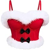 Kaei&Shi Christmas Corset Tops,Faux Fur Sexy Santa Costume,Bow Bustier Crop Top for Women Holiday Xmas Santacon