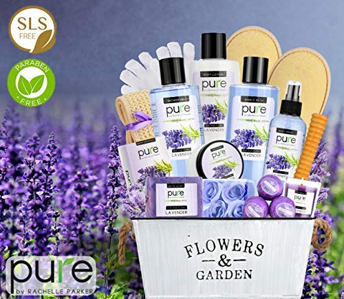Valentines Day Gifts Lavender Essential Oil Spa Basket â€“ Gardener Lavender Tin Gift Basket. Premium Bath Gift Basket for Birthday, Thank you, Anniversary Gift Best Holiday Spa Gift Set