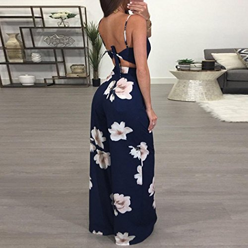 Minisoya Women Backless Floral Clubwear Playsuit Casual Bodycon Party Wide Leg Jumpsuit Romper Long Pants Trousers (Navy, M)