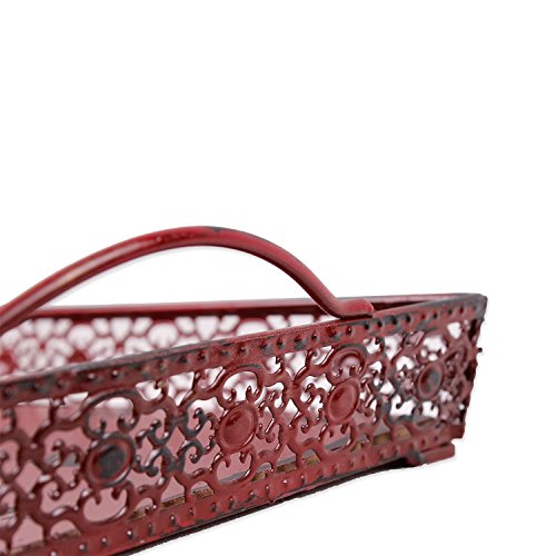 Vintage Antique Design Decorative Metal Rectangle Serving Tray With 2 Handles (Burgundy-Small)