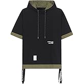 Covisoty Mens Short Sleeve Hoodie Soft Cotton Color Block Moisture Wicking Big Pocket Hip Hop T-Shirt Hoodie Sports
