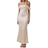 KUTUMAI Women Off Shoulder Satin Maxi Dress Elegant Ruched Bodycon Long Cocktail Formal Wedding Guest Dresses