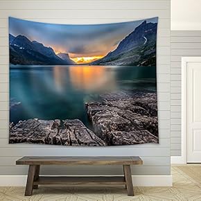 Sunset at St Mary Lake, Glacier National Park, Mt - Fabric Wall Tapestry Home Decor - 51x60 inches