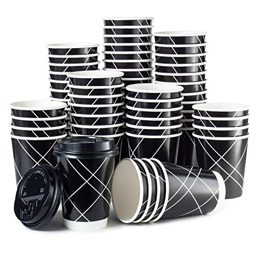 Disposable Coffee Cups With Lids - Double Wall Insulated (No sleeves needed) - Upscale Design for Weddings, Parties, Coffee House, Home and Everyday - 12 oz To Go Coffee Cups (100 Pack) (Black, 12 oz)