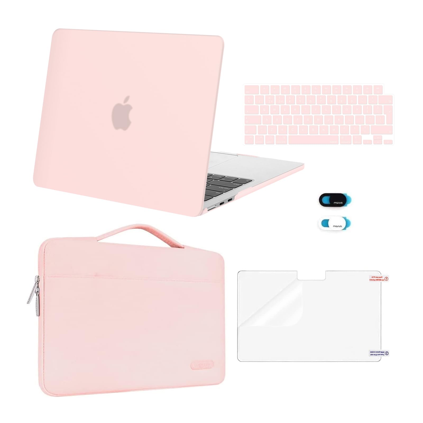 MOSISO Compatible with MacBook Air 13 inch Case M5 M4 M3 M2 2026-2022 A3449 A3240 A3113 A2681, Hard Shell&Sleeve Bag&Keyboard Skin&Webcam Cover&ScreenFilm for MacBook Air 13.6 Case, Chalk Pink