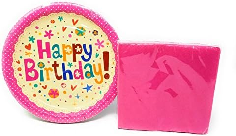 Disposable Dinnerware Set Happy Birthday Party Supplies: Paper Plates and Napkins Boy or Girl (Pink)