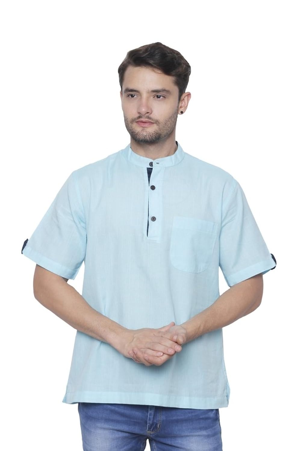 dhrohar khadi blue short sleeve short kurta for men