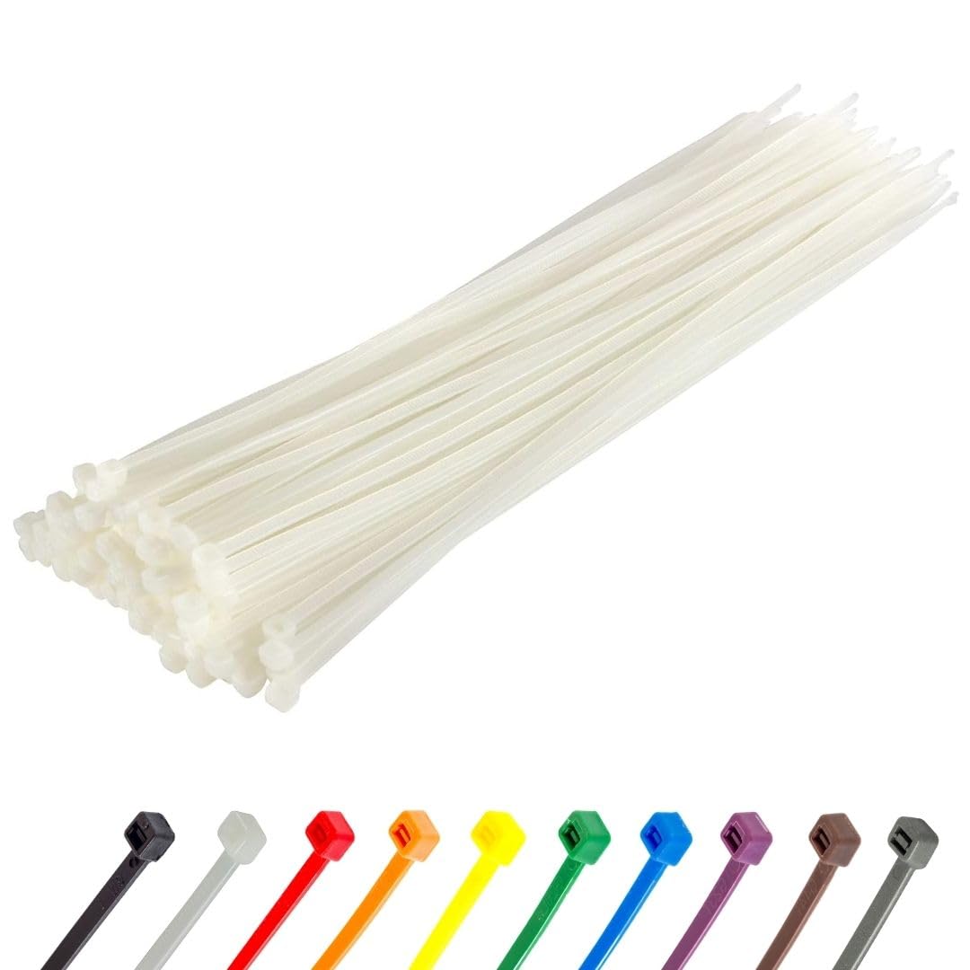 Gocableties Heavy Duty Long White Cable Ties, 370mm x 4.8mm, Pack of 100, Premium Nylon Zip Ties Clear/Natural, Plastic Tie Wraps, Secure Self-Locking Mechanism, for Home, Garden, Office and DIY