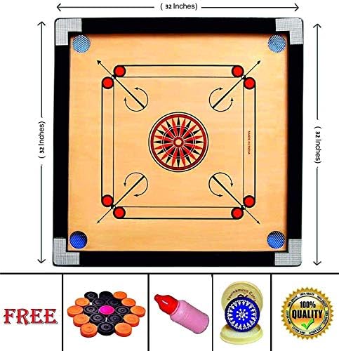 NBR Glossy Finish Large Carrom Board for Family Friends and Adults with Coins Striker and Boric Powder, Beige (Large 32 inch 4mm)