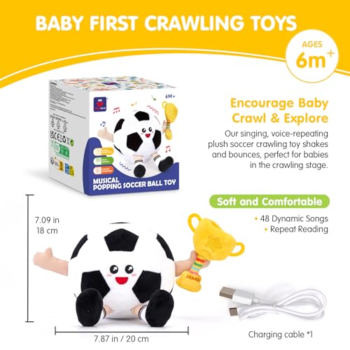 hahaland Baby Toys 6-12 Months – Popping Ball Football Toys Children 1 Year with Music & Recording, Tummy Time Interactive Plush Gifts Baby 6 9 12 Months