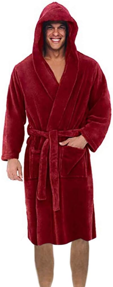 FRCOLT 2019 Men's Thin Shawl Bathrobe Long Hooded Fleece Solid Colored Cool Robe