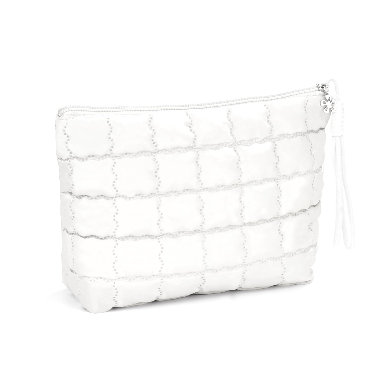 Richeart Makeup Bag Travel Toiletry Bag - Checkered Down Cotton Makeup Pouch for Women with Cosmetic and Pencil, Aesthetic White Design, Large