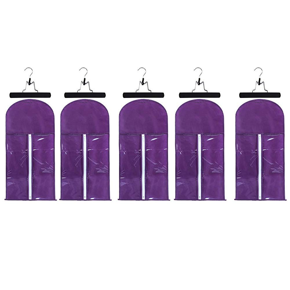 10 Pieces Wig Storage Bag with Hanger, Holder Case Protector with wooden Hanger,Dustproof Wig Stand Storage Bag Non-woven Hair Extension Storage Dust Proof Bag (5*Purple Wig Bag+5*Black Hanger)