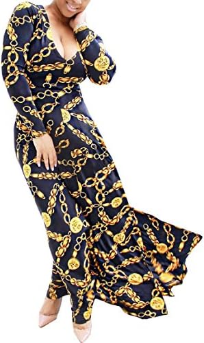 Eleganlife Women Metal Chain Print V Neck Long Sleeve Casual Evening Party Long Maxi Dress Black XLarge