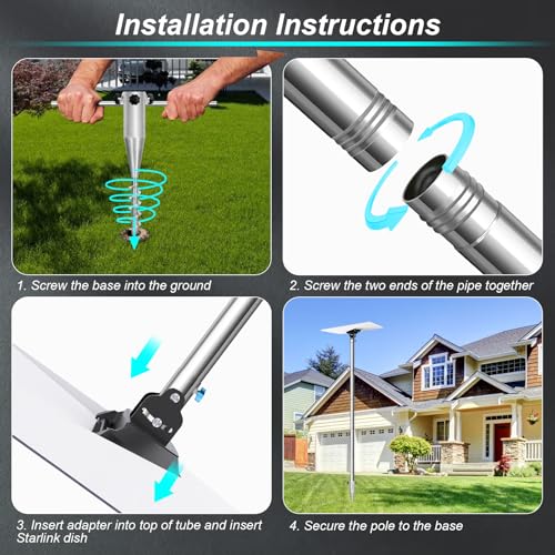 Starlink Gen 3 Pole Mount Kit, Ybervont 10Ft Starlink Ground Pole Mount Gen 3, Features 1.5'' Diameter Stainless Steel Pole with No-Dig Spiral Ground Anchor, Starlink Mounting Kit Gen 3 Pipe Adapter