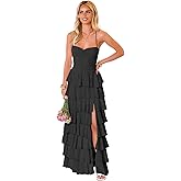 MCOLLNAS Tiered Chiffon Bridesmaid Dresses for Women Spaghetti Straps Ruffles Formal Evening Dresses with Slit