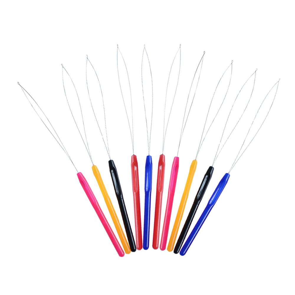 10PCS Multicolored Plastic Hair Extension Loop Needle Tool Loop Threader Pulling Hook Bead Device Tool for Hair Extensions Feather Extensions