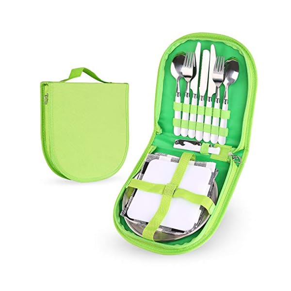Odoland-Stainless-Steel-Camping-Cutlery-Set-with-Spoon-Fork-Knife-Plate-Bottles-Opener-Table-Napkins-and-Storage-Bag-Kitchen-Tableware-Kit-for-Daily-Meal-or-Outdoor-Hiking-Picnic-for-Two-People Odoland Camping Cutlery Set for 2 People - Durable Stainless Steel Kitchen Tableware Kit with Spoon Fork Bottle Opener…