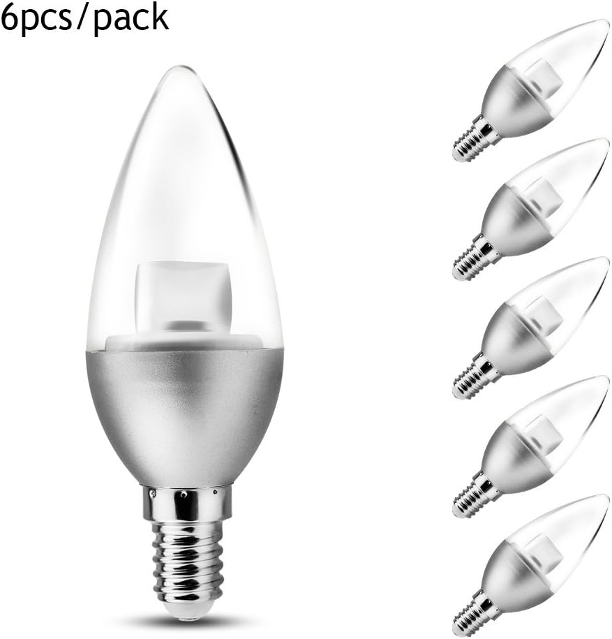 Pacaly 5w C37 E14 LED Bulb, Silvery Surface, 40w Incandescent Bulbs Equivalent,led Torpedo Shape, Warm White, Candle Bulb, Candelabra Bulb, - Pack of 6 Units