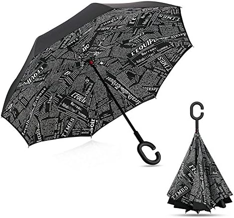 JKJCN Automatic Neverse Folding Sun Umbrella C Handle Ultraviolet-proof Reverse Folding Double-layer Umbrella （multiple Colour） (Black newspaper)