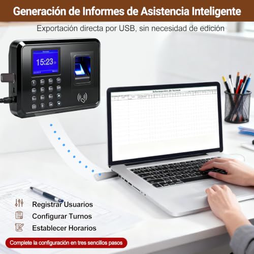 3 in 1 Biometric Fichar Clock - Time Control with Fingerprint, RFID Card and PIN Code - Small Business Assistance Machine, No Monthly Fee, 10 Cards Included, Spanish