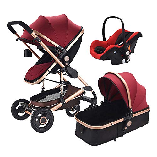 Baby Stroller 3 in 1 Pram with Car Seat Travel System Baby Stroller with Car Seat Newborn Baby Comfort Car Seat 0~36 Months (RED)