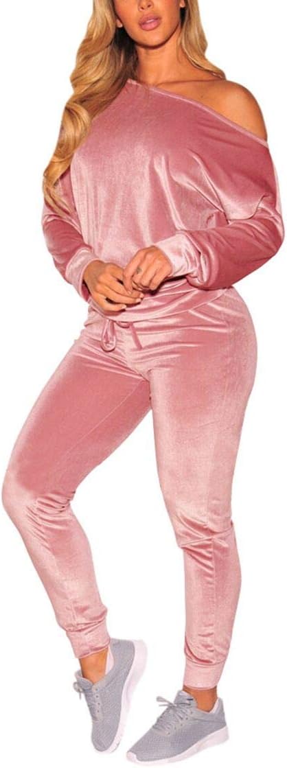 Womens 2 Piece Off One Shoulder Sweatshirt Jogging Set Velvet Sweatsuit