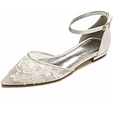 YWXYMGE Mesh Appliques Wedding Flats for Bride Pointed Toe Tie up Bridesmaids Shoes