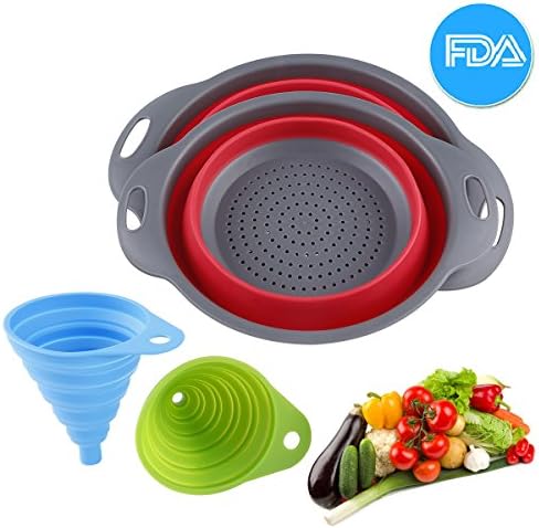 Collapsible Kitchen Colander/Strainer Set, Food-Grade Silicone kitchen Strainer Space-Saver Folding Strainer Colander and Funnel - YUWANTING Set of 4 (Red)