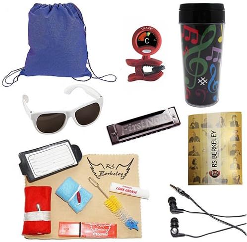 Band Camp Survival Pack for Alto Saxophone Players - Includes: Drawstring Backpack, Saxophone Care Cleaning & Maintenance Kit, Music Note Travel Tumbler, Sunglasses, Band Folder, Tuner/Metronome, Bonfire Harmonica & Earbuds