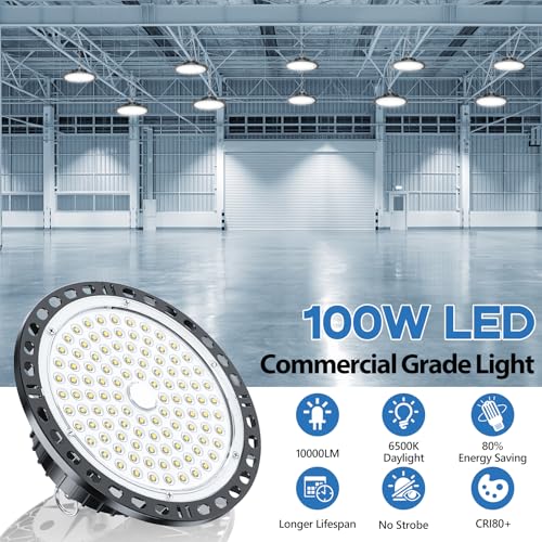 TOPAUBUB 100W UFO LED Interior Ceiling Spotlights, 4 Pieces, LED Ceiling Lamps 10000LM IP65 6500K with Metal Chain 30 cm, Driver, Industrial Spotlight for Garage