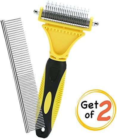 Prumya Dematting Comb, Grooming Brush Tool for Dogs &amp; Cats, Double Sided Rounded Grooming Rake, Easily Removes Matts, Tangels, Knots &amp; Reduce Shedding