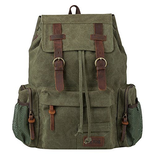 P.KU.VDSL Vintage Canvas Backpack, Genuine Leather Military Rucksack