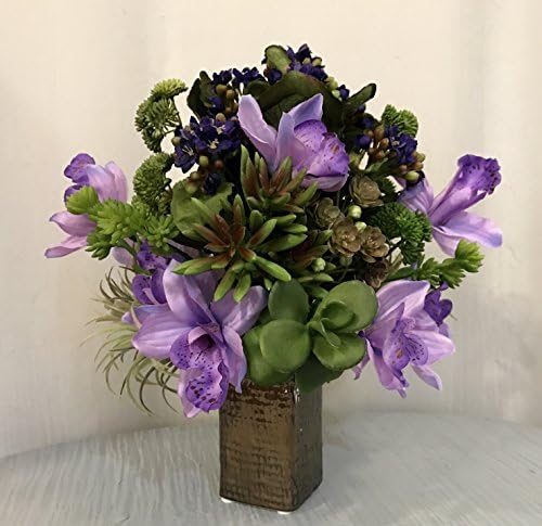 Artificial Kalanchoe, Orchid Plant and Succulent Arrangement in Weave Textured Bronze Ceramic Vase, Purple and Green, Office Home Decor Accent for Gift, Handcrafted at the Floral Mart