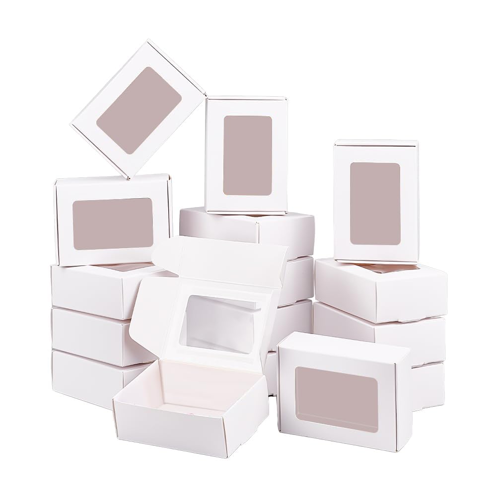 BENECREAT 30 Pack White Kraft Paper Boxes with Clear Window, 8.7x6.2x3cm Gift Packaging Boxes for Bakery Cookies Cake Candy Wedding Party Favors