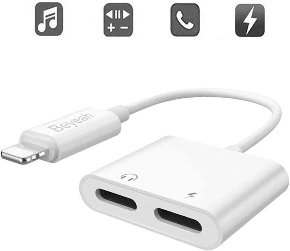 Beyeah 2 in 1 Aux Adapter, 2 in 1 Kopfhörer Adapter [Audio + Laden + Anruf + Lautstärkeregler] Adapter Splitter Kompatibel mit iPhone 12 mini / 12 / 12 Pro / 11 / XS / XS Max / X / 7Plus / 8Plus