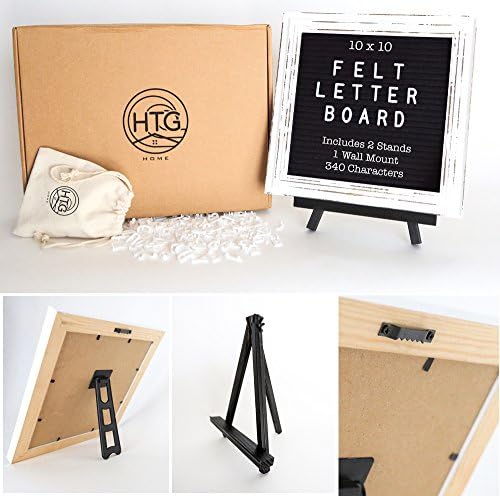 HTG Home Black Felt White Wooden Frame Letter Board 10x10 Wall Mount and Two Stands 340 Changeable Characters Office Chic Rustic Home Wall Décor Word Sign LetterBoard