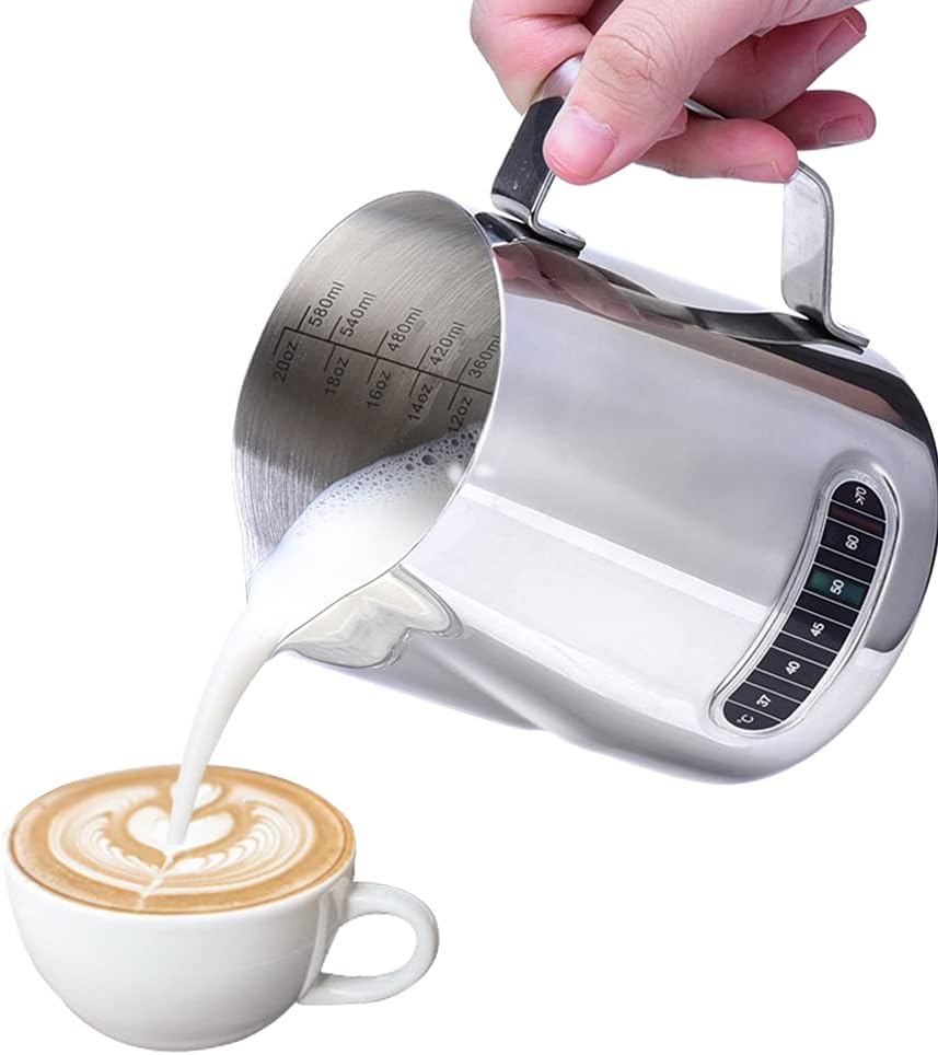 Dailyart 600ml Milk Frothing Pitcher with Thermometer Dripless Spout 304