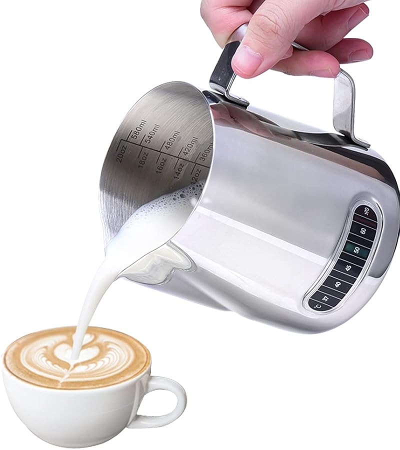 Dailyart 600ml Milk Frothing Pitcher with Thermometer Dripless Spout 304