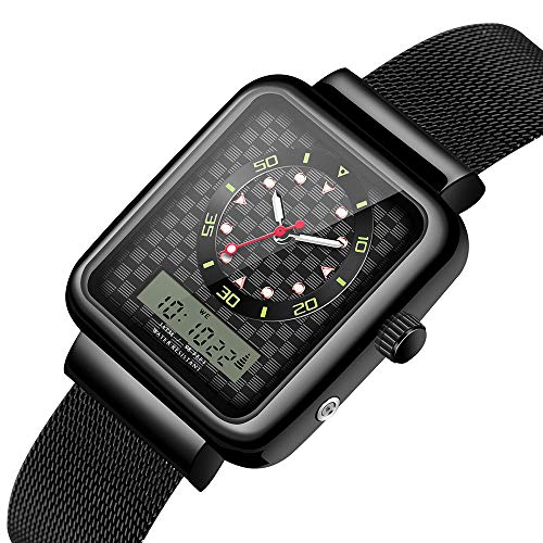 WUTAN Mens Watches Analog Digital Watches Quartz Luminous Cool with Stainless Steel Mesh Belt (Digital Watch Analog 146 Black)