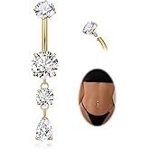 LOAYHOAY G23 Pure Titanium Dangle Belly Button Rings for Women Internally Thread Curved Barbell Belly Rings Dangling Navel Rings CZ Teardrop Navel Piercing Jewelry 6-16mm