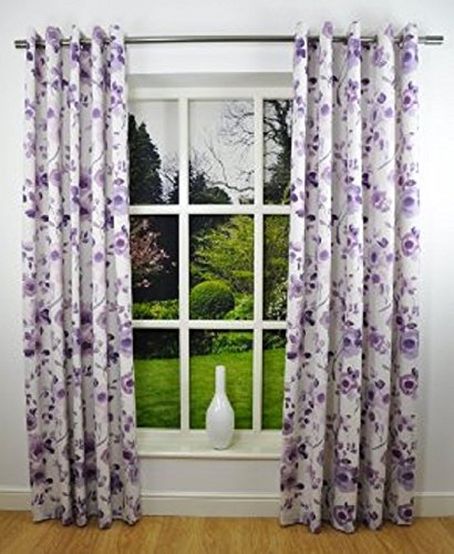 90x72 Inches Ring Top Plum Purple Watercolour Floral Fully Lined