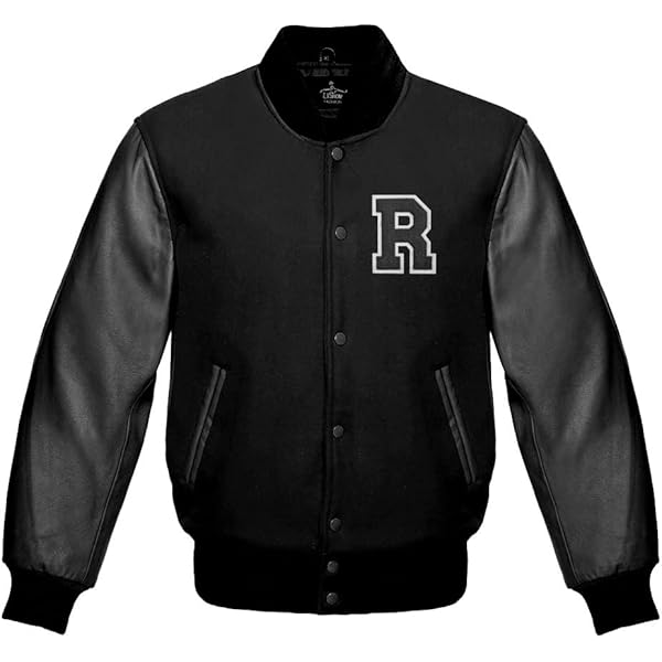 Men's Varsity Baseball Letterman Bomber Black Wool & Black Genuine