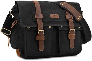 Kattee Military Messenger Bag Canvas Leather Shoulder Bag Fits 14.7/15.6 Inch Laptop